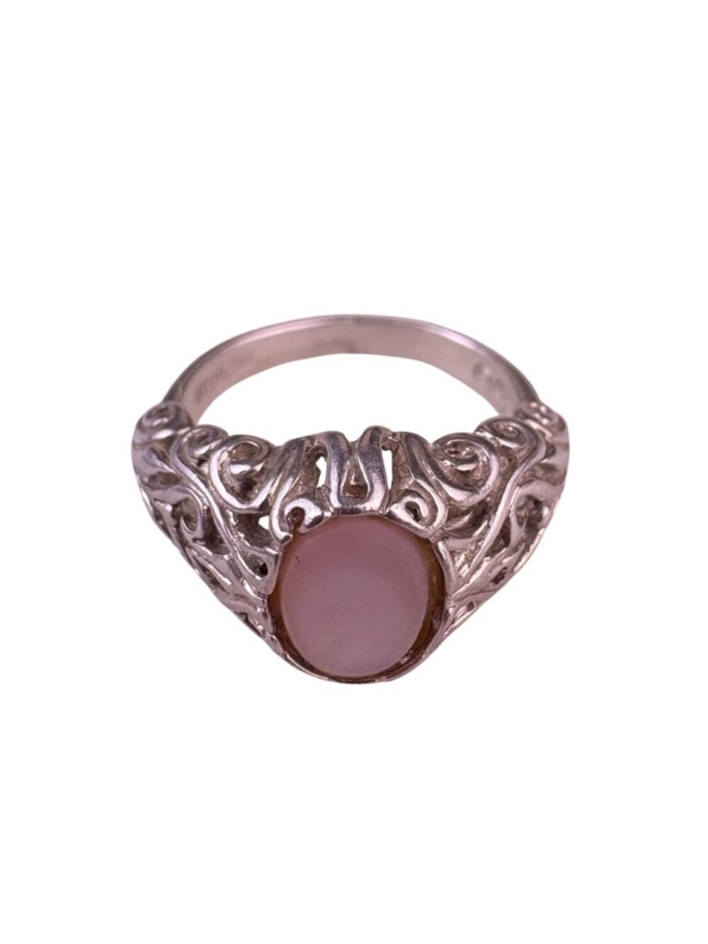 Sterling Womens Silver Tone Pink Opal Gemstone Filigree Ring Size 5 Intricate De